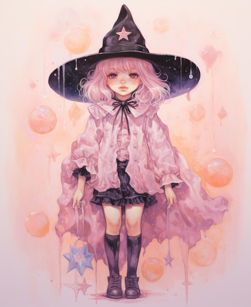 Pittura in stile anime di una ragazza vestita con un costume di strega