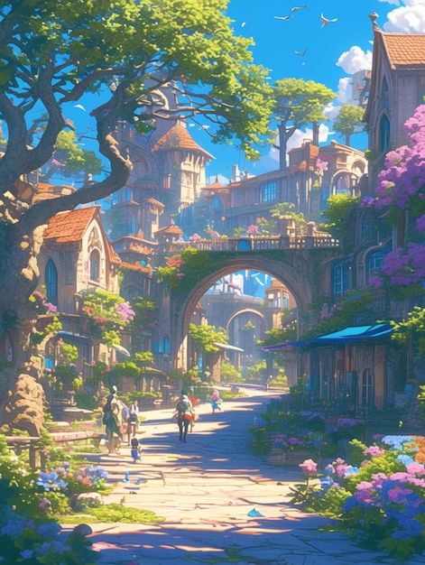 pittura in stile anime di una strada con un ponte e un castello generativo ai