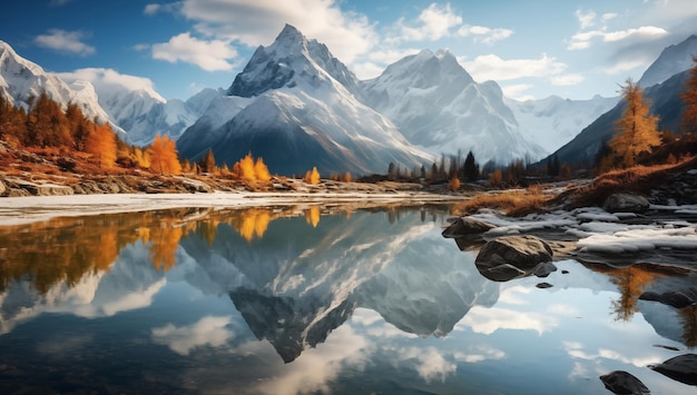 Pittura iperrealistica di laghi e montagne riflessi nell'acqua Paesaggio invernale mozzafiato Un sereno lago di montagna che rispecchia le cime innevate Fotografia mozzafiata generata da IA