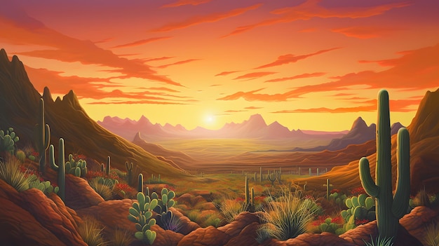 Pittura opaca di uno splendido tramonto nel deserto con cactus e sfondo del selvaggio west vincitore di un concorso Shutterstock