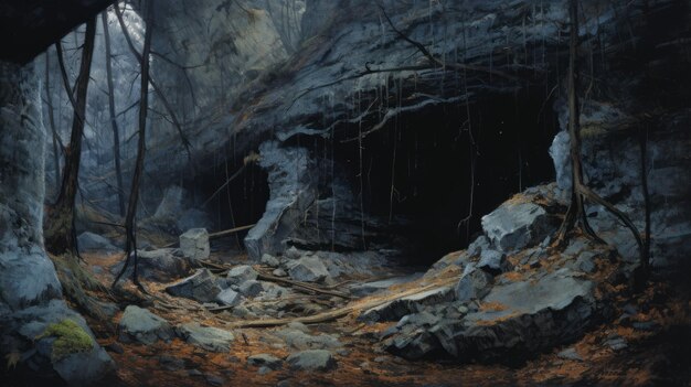 Pittura panoramica di una grotta buia al confine di un bosco