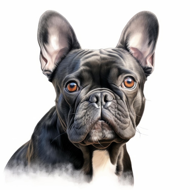 Pittura realistica del ritratto del bulldog francese su fondo bianco