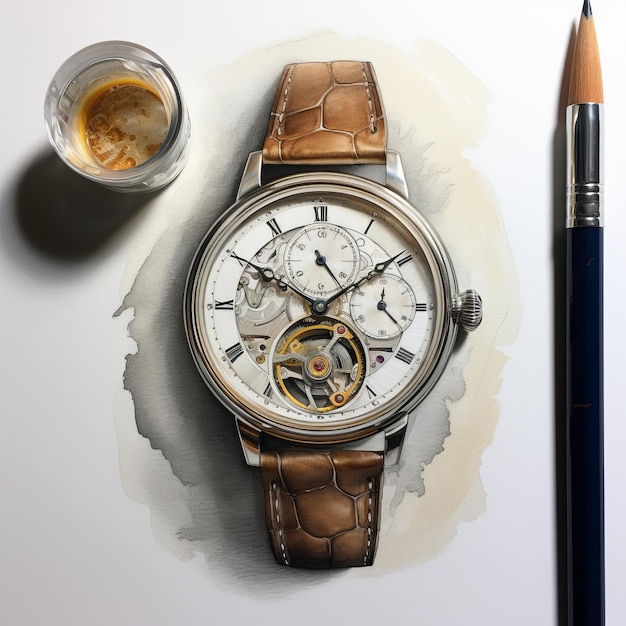 Pittura realistica dell'orologio con topazio che disegna in toni delicati