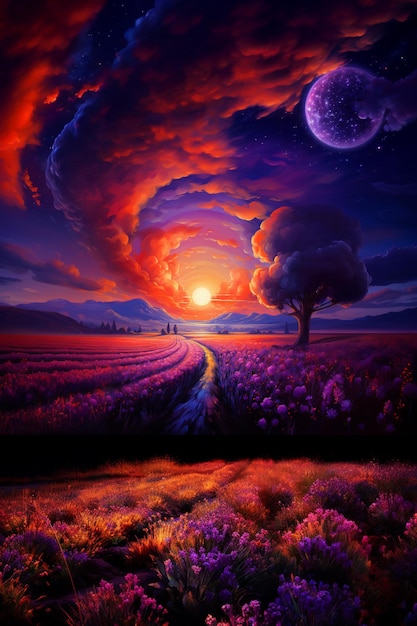 pittura viola al tramonto di una strada che conduce a un campo di fiori generativo ai