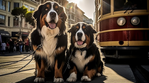 più cani che corrono insieme sulla stessa strada amichevoli l'uno con l'altro