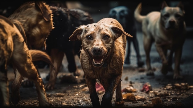 Più cani che corrono verso la telecamera