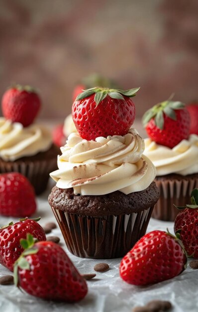 più cupcakes e fragole seduti sopra le fragole