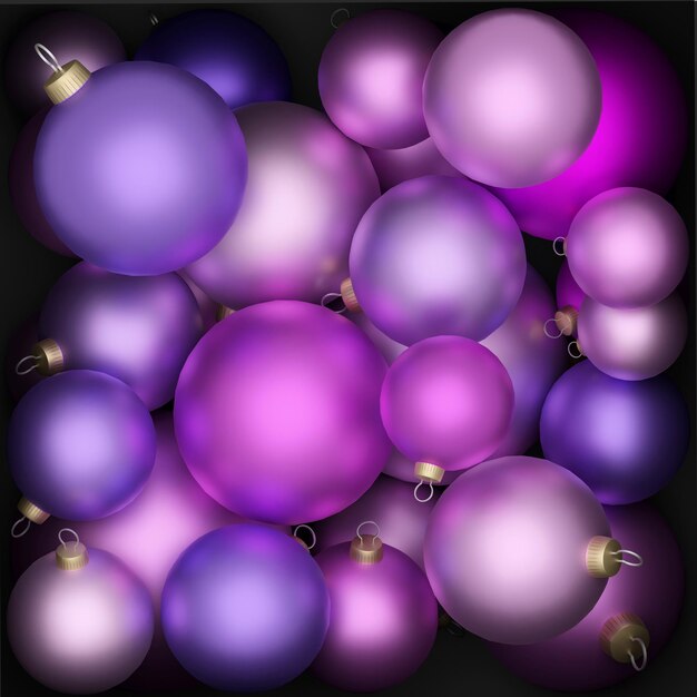 Più ornamenti lucidi di palle di Natale viola nel concetto di rendering 3d della scatola per felice anno nuovo e natale