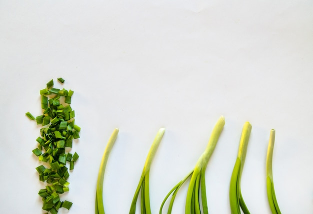 Piuma fresca di cipolla verde e tagliata a pezzi