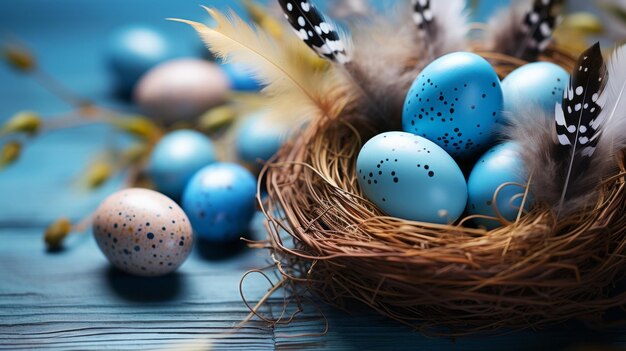 Piume di uova di Pasqua in un nido su uno sfondo di legno blu