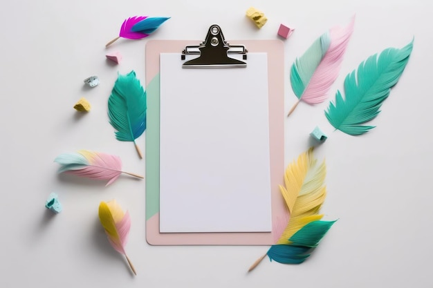 Piume e appunti su bianco Flatlay di una semplice idea rosa per un blog di bellezza sulla scrivania dell'ufficio domestico