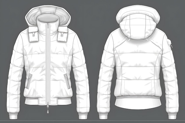 Piumino invernale corto bianco Piumino trapuntato oversize da donna Schizzo tecnico Modello mockup Generativo ai