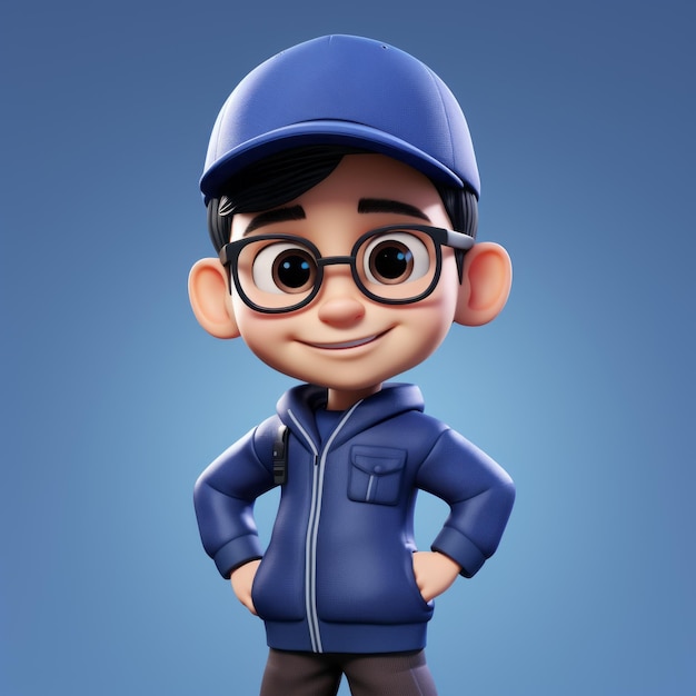 Pixar Style 3D Cartoon Kid con occhiali e cappello uniforme blu