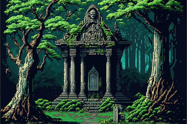 Pixel art antico tempio nella foresta tempio rovine sfondo in stile retrò per gioco a 8 bit AI