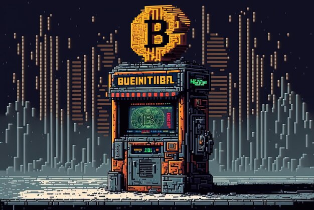 Pixel art bitcoin ATM macchina di criptovaluta sfondo in stile retro per 8 bit gioco AI