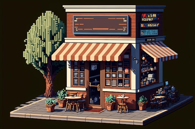 Pixel art caffetteria nel parco con alberi facciata di vecchia caffetteria sfondo 8 bit AI