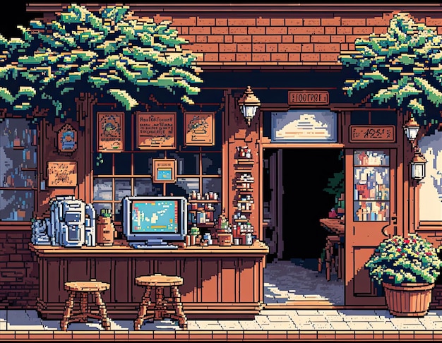 Pixel art caffetteria nel parco con alberi facciata di vecchia caffetteria sfondo per 8 bit di gioco AI