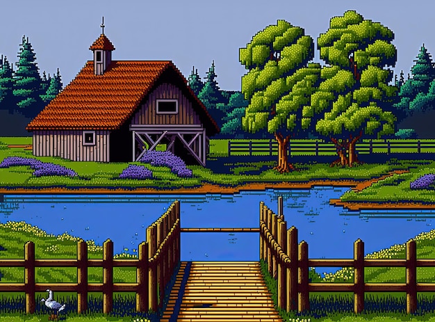 Pixel art campo di campagna con casa ponte di legno fiume e alberi sfondo per gioco 8 bit AI