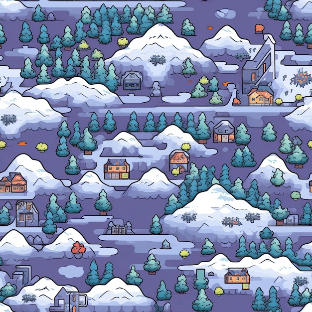 pixel art case e montagne nel reticolo senza giunte di inverno