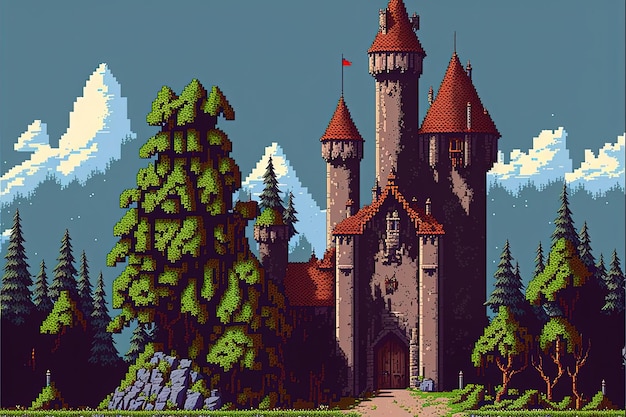 Pixel art castello medievale con alberi e montagne sullo sfondo in stile retro per gioco 8 bit AI