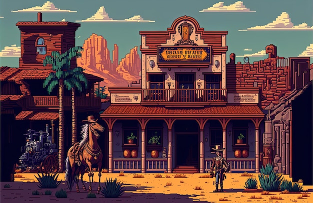 Pixel art città del selvaggio west che costruisce lo sfondo della città del selvaggio west in stile retrò per il gioco a 8 bit AI