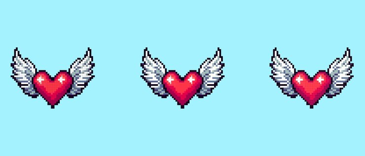 Pixel art cuore con ali su uno sfondo blu chiaro che simboleggia l'amore e la libertà in uno stile retro di videogioco