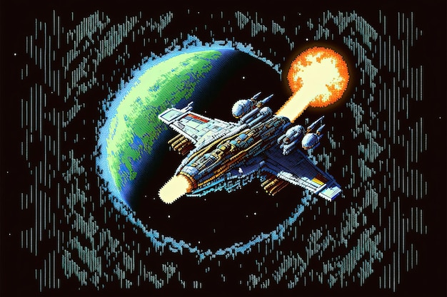 Pixel art dell'astronave che sorvola lo sfondo dei pianeti in stile retrò per il gioco a 8 bit AI