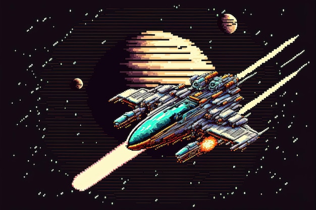 Pixel art dell'astronave che sorvola lo sfondo dei pianeti in stile retrò per il gioco a 8 bit AI