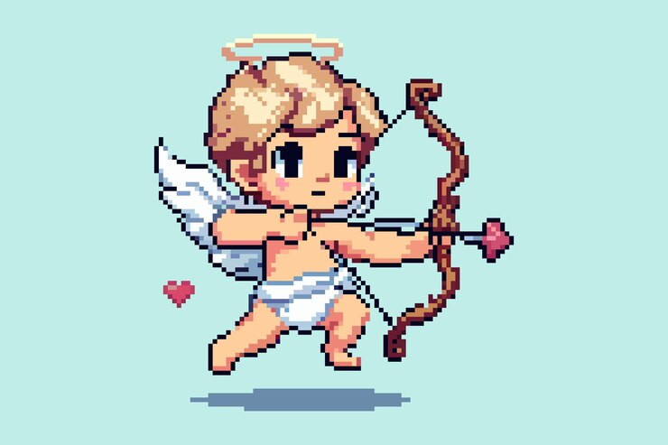 Pixel art di un carino angelo Cupido con una freccia a punta di cuore che vola nel cielo simboleggiando l'amore e il romanticismo