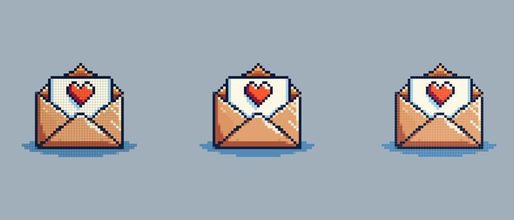 Pixel art di una busta aperta con una lettera bianca all'interno adornata da un cuore rosso su uno sfondo blu chiaro che simboleggia il Giorno di San Valentino