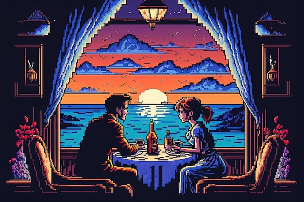 Pixel art di una coppia amorosa che ha una cena romantica Sfondo di San Valentino per il gioco a 8 bit AI