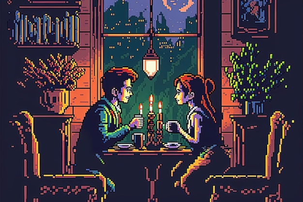 Pixel art di una coppia amorosa che ha una cena romantica Sfondo di San Valentino per il gioco a 8 bit AI