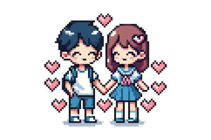 Pixel art di una coppia innamorata che si tiene per mano circondata da cuori rosa