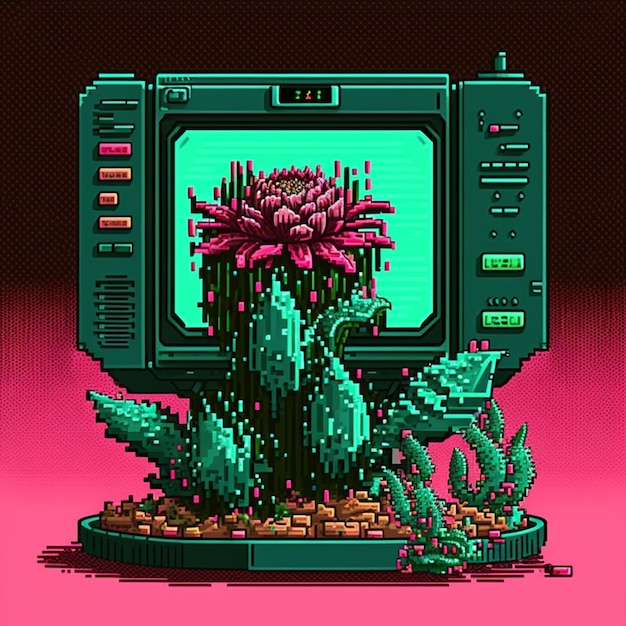 Pixel art di una pianta di cactus davanti a una tv generativa ai