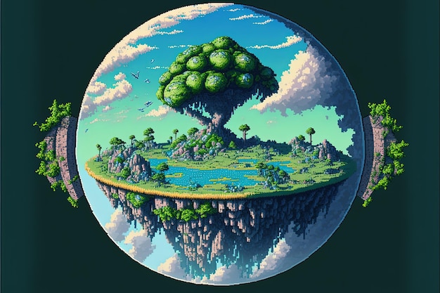 Pixel art fantasy mini pianeta sullo sfondo in stile retro per gioco a 8 bit Generative AI