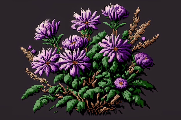 Pixel art fiori viola fiore in stile retro per gioco a 8 bit AI generativa