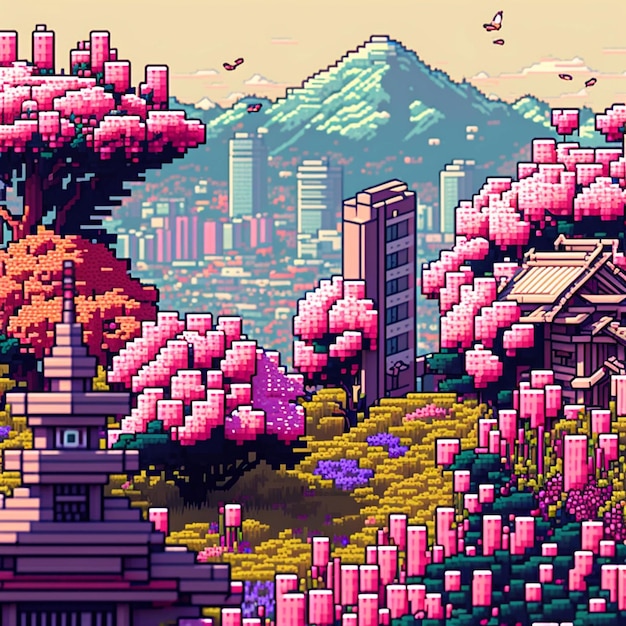 Pixel art, il gioco, alberi, fiori, montagne, fiori, la città, il gioco, sfondo HD