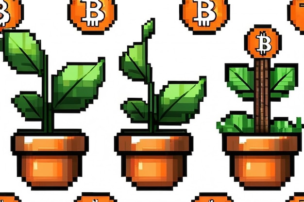 Pixel art pianta bitcoin crescita criptovalute icona vettoriale per gioco 8bit su sfondo bianco