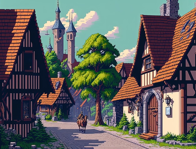 Pixel art villaggio medievale case di mezza età villaggio con sfondo castello per gioco a 8 bit AI