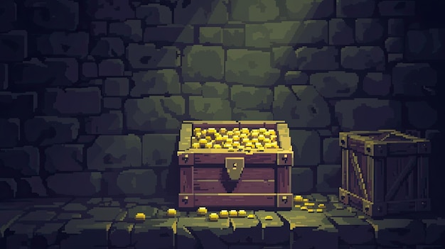 Pixel chest Stile gioielli croce oro pirati tesoro computer RPG ricompensa dungeon gioco di personaggi generato da AI