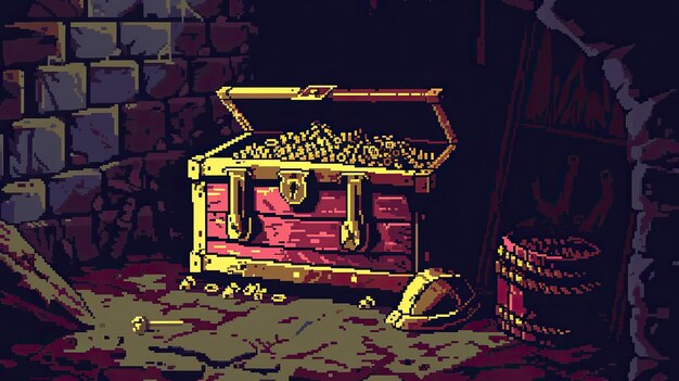 Pixel chest Stile gioielli croce oro pirati tesoro computer RPG ricompensa dungeon gioco di personaggi generato da AI