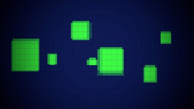 Pixel e quadrati astratti al neon verdi, priorità bassa della discoteca di movimento. Elegante e lussuoso stile di illustrazione 3d per club e modello aziendale