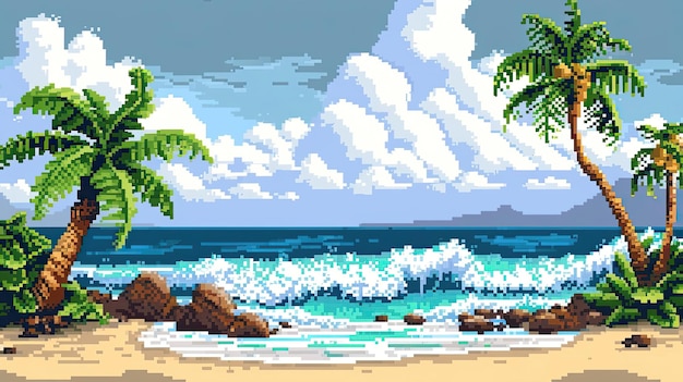 Pixel spiaggia con palme Stile crociera vacanza nuoto sabbia mare sole abbronzatura relax ombrello costume da bagno calore estate pietre d'acqua sedile a sdraio generato da AI
