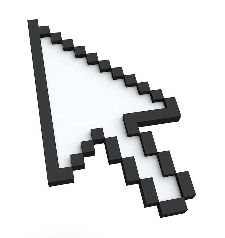 Photo pixelated 3d arrow pointer on a white background