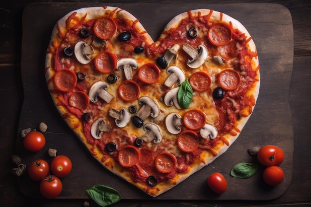 Pizza a forma di cuore con peperoni e condimenti ai funghi