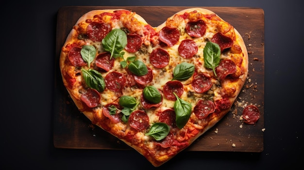 Pizza a forma di cuore con pomodori pepperoni, mozzarella, aglio e prezzemolo sullo sfondo di tavolo in legno