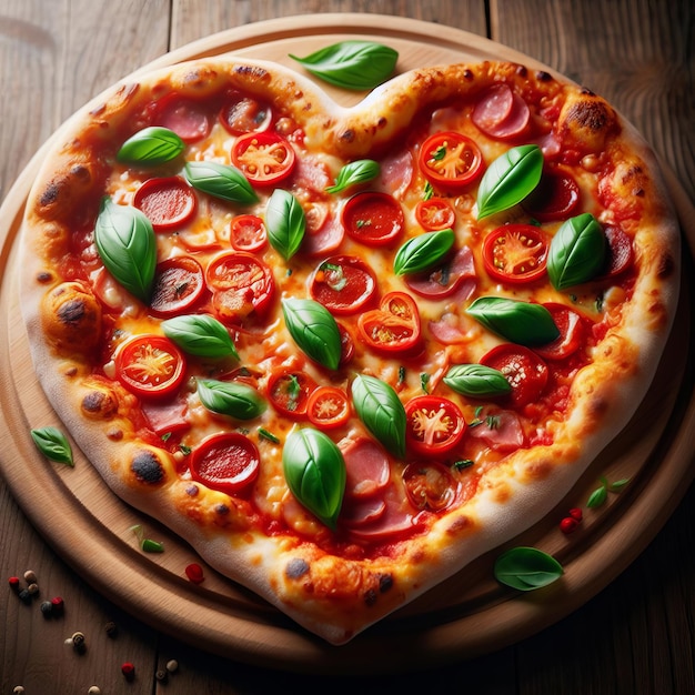 Pizza a forma di cuore con pomodoro, basilico e pepperoni su un tavolo di legno