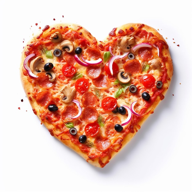 Pizza a forma di cuore per San Valentino su ardesia su sfondo bianco