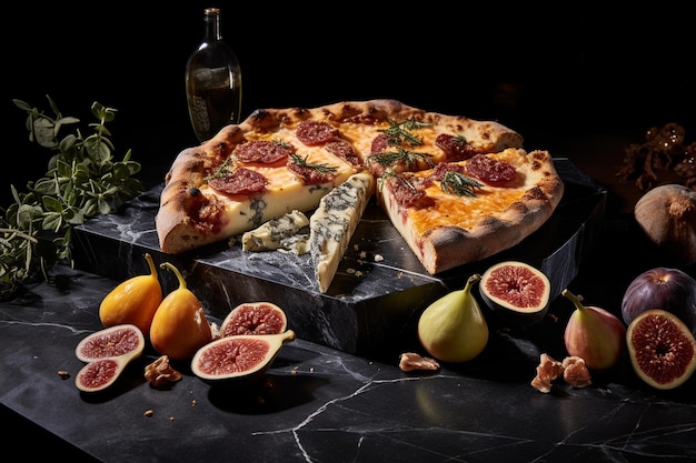 Pizza a mezza fetta e ingredienti su una tavola di pietra nera