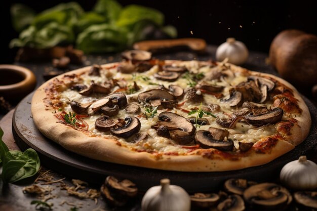 Pizza ai funghi con un assortimento di funghi, aglio e olio di tartufo